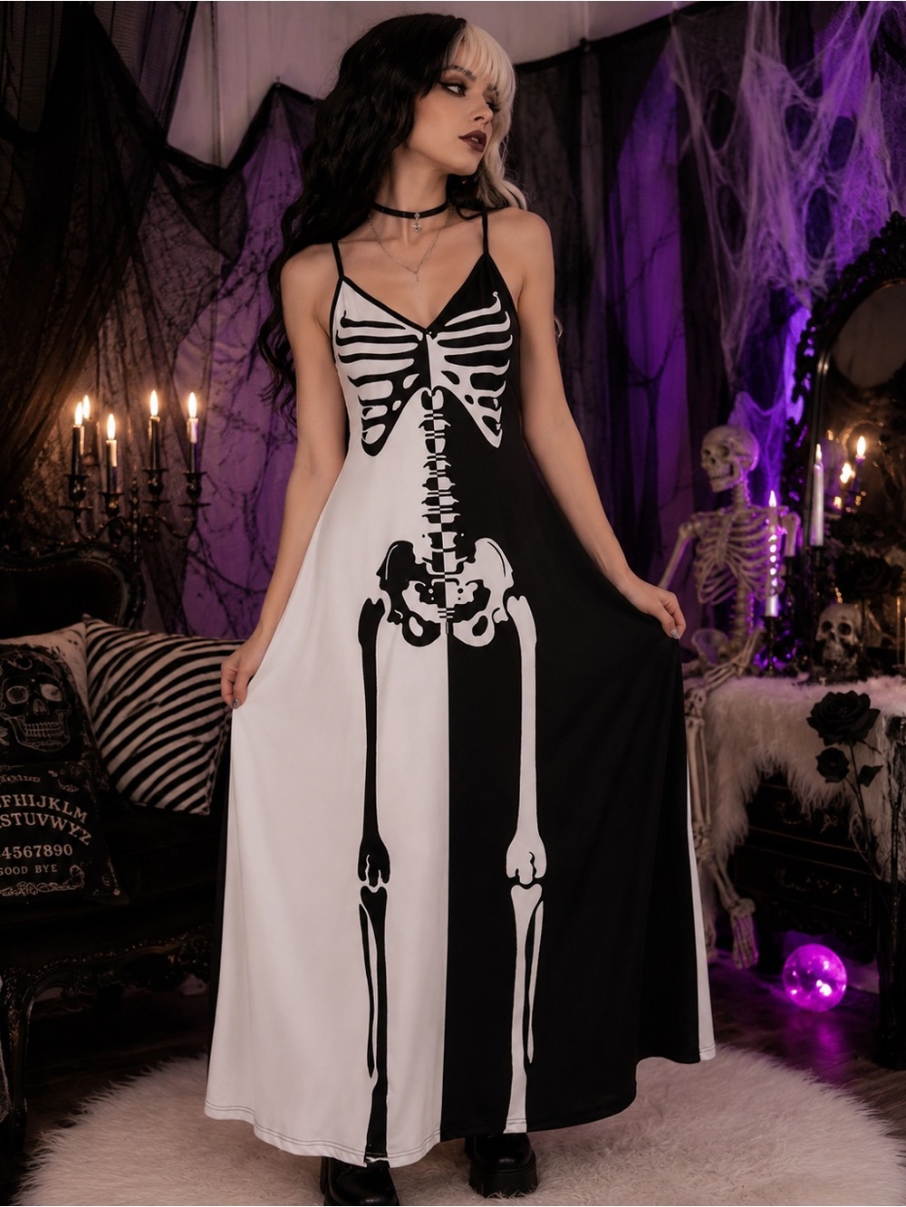 Black & White Skeleton Maxi Dress — Women's Gothic Spaghetti Strap Maxi